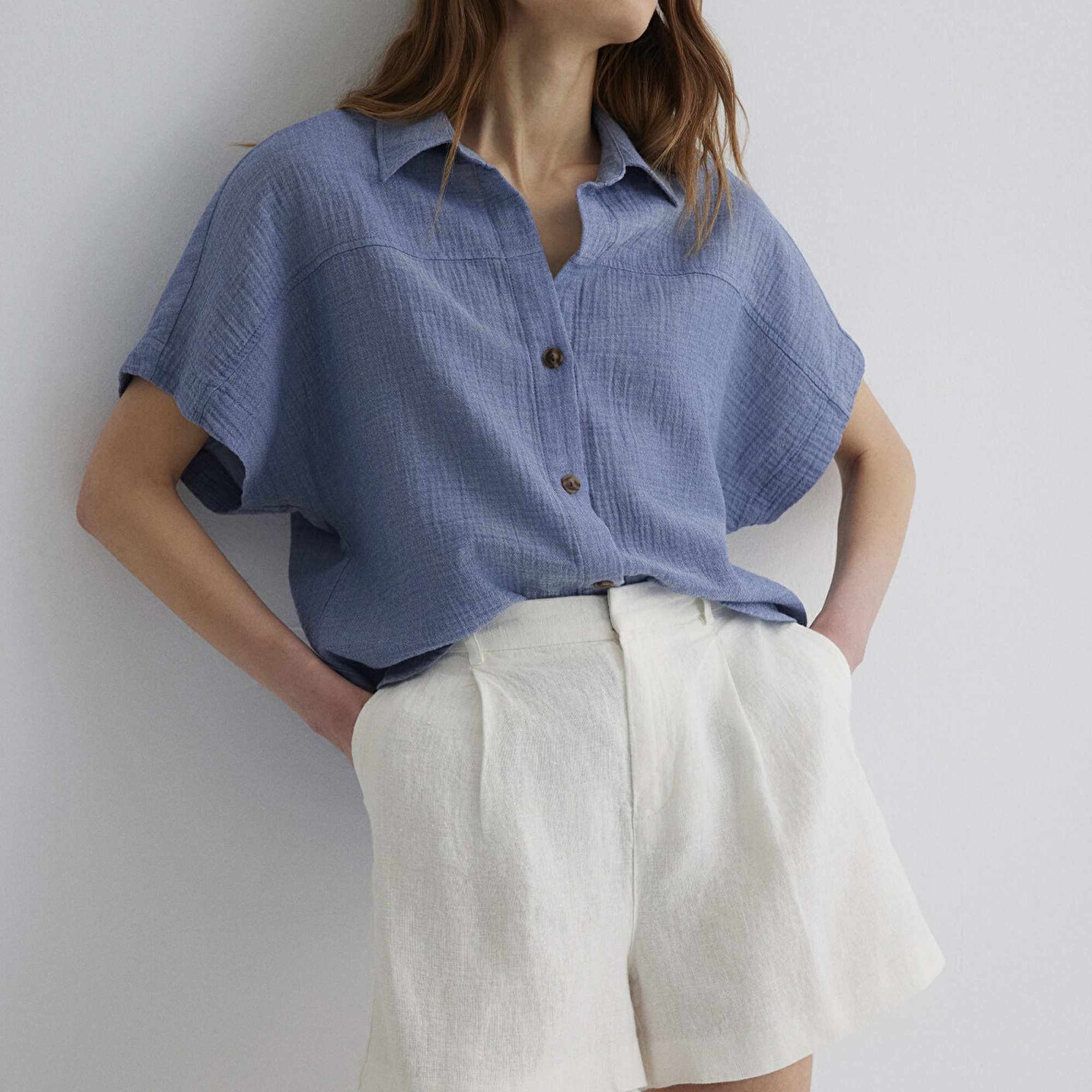 Mavi Dokulu Mavi Gömlek Loose Fit / Bol Rahat Kesim 1210758-89861