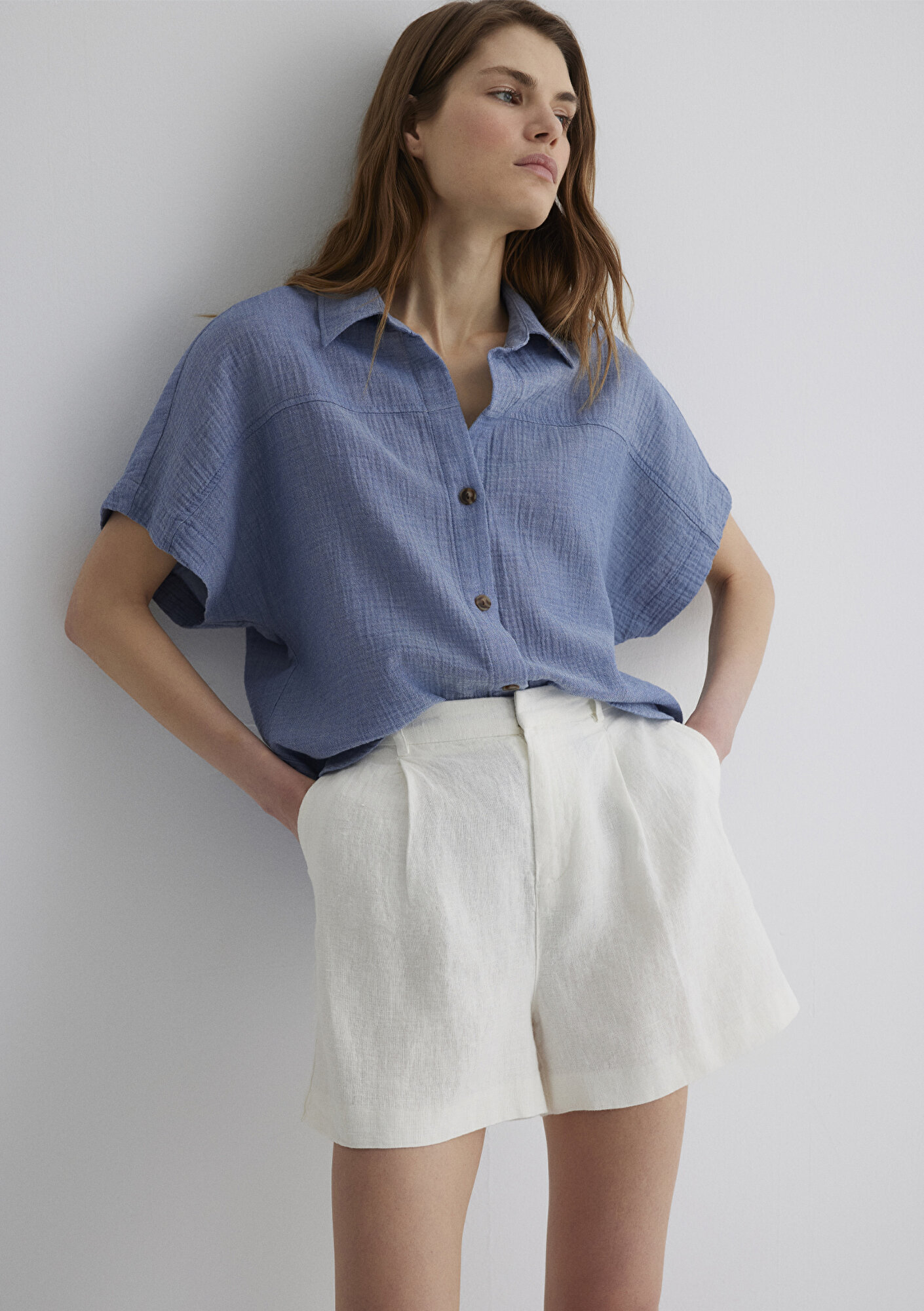  Mavi Dokulu Mavi Gömlek Loose Fit / Bol Rahat Kesim 1210758-89861