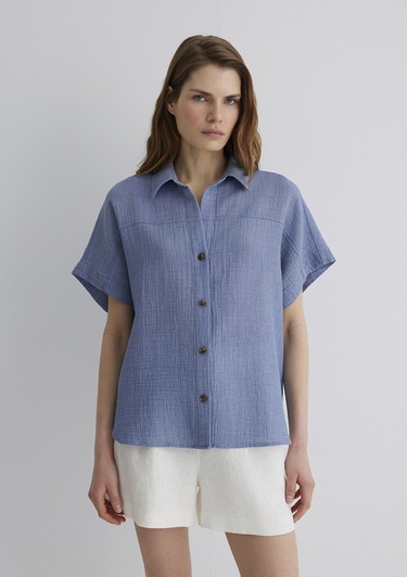  Mavi Dokulu Mavi Gömlek Loose Fit / Bol Rahat Kesim 1210758-89861