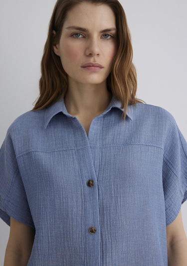  Mavi Dokulu Mavi Gömlek Loose Fit / Bol Rahat Kesim 1210758-89861