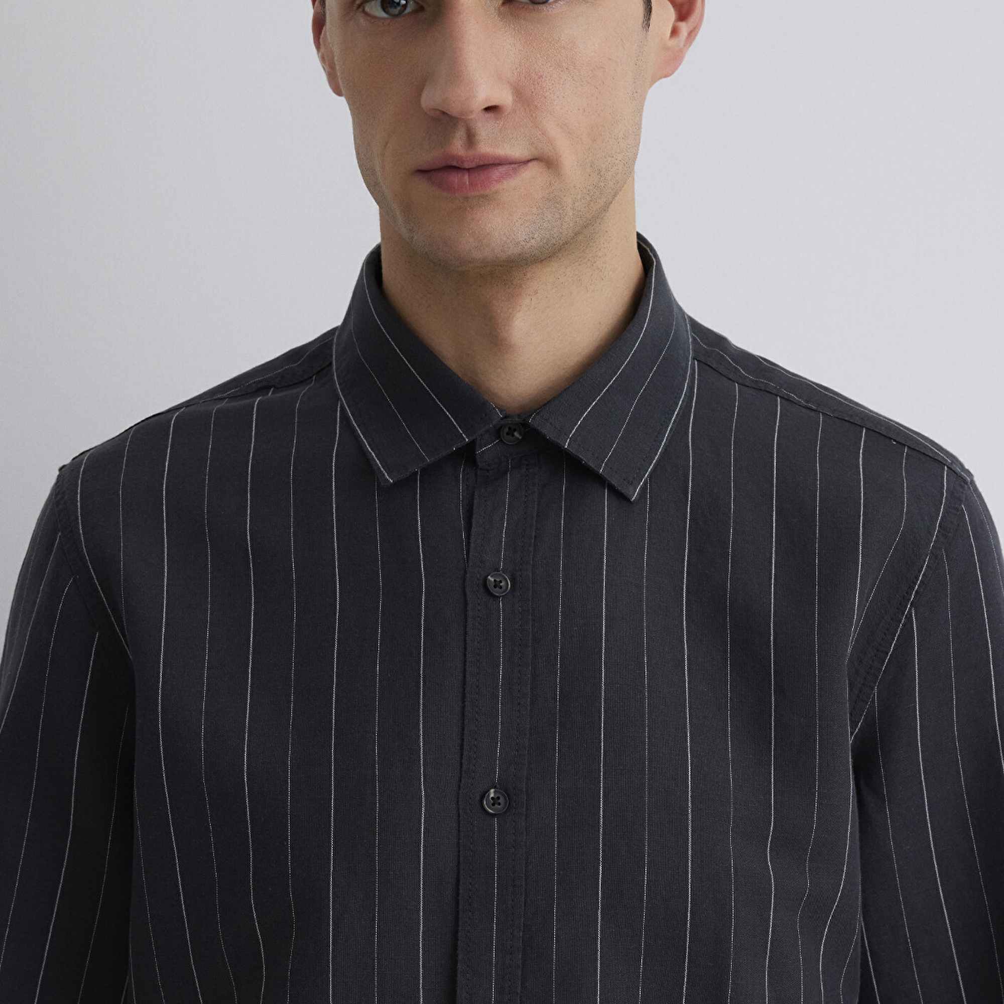 Mavi Keten Karışımlı Çizgili Siyah Gömlek Regular Fit / Normal Kesim 0211515-89892