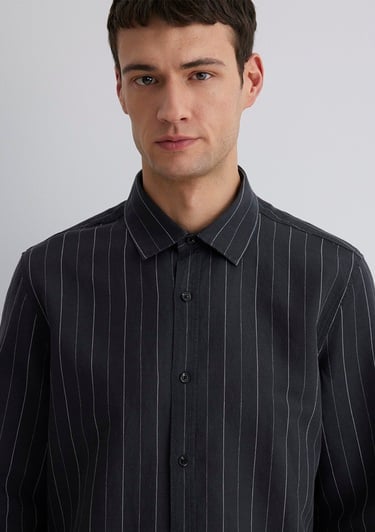  Mavi Keten Karışımlı Çizgili Siyah Gömlek Regular Fit / Normal Kesim 0211515-89892