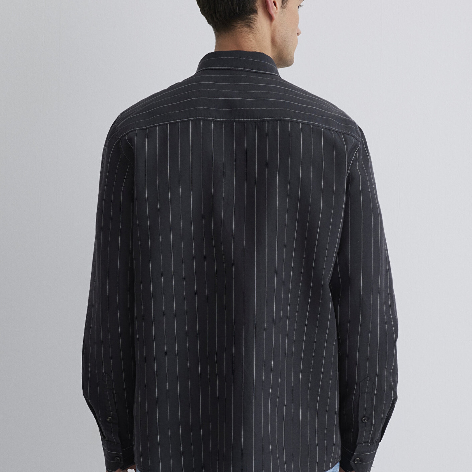 Mavi Keten Karışımlı Çizgili Siyah Gömlek Regular Fit / Normal Kesim 0211515-89892