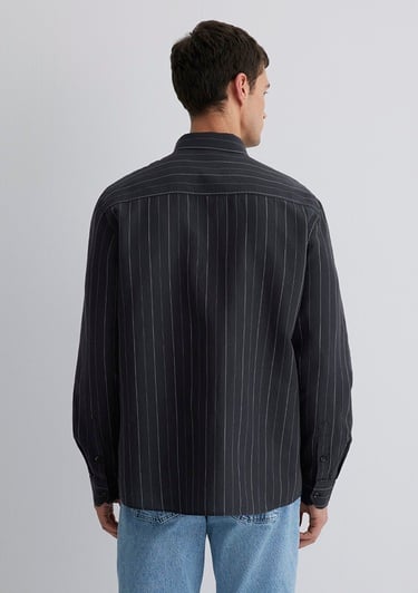  Mavi Keten Karışımlı Çizgili Siyah Gömlek Regular Fit / Normal Kesim 0211515-89892