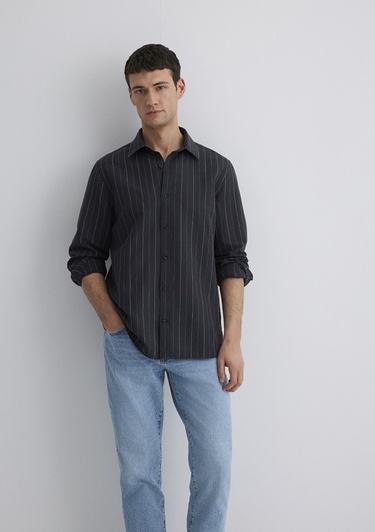  Mavi Keten Karışımlı Çizgili Siyah Gömlek Regular Fit / Normal Kesim 0211515-89892