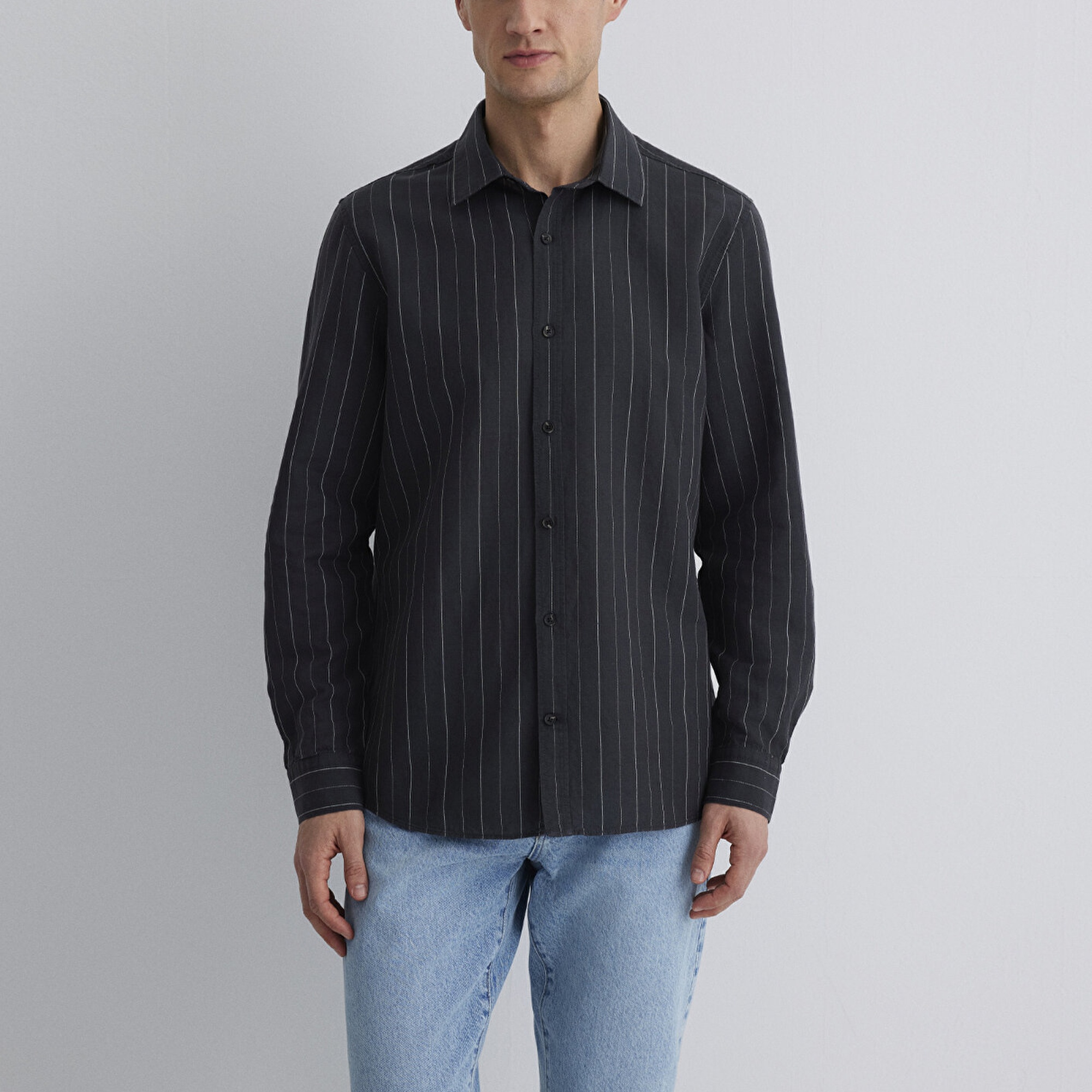 Mavi Keten Karışımlı Çizgili Siyah Gömlek Regular Fit / Normal Kesim 0211515-89892