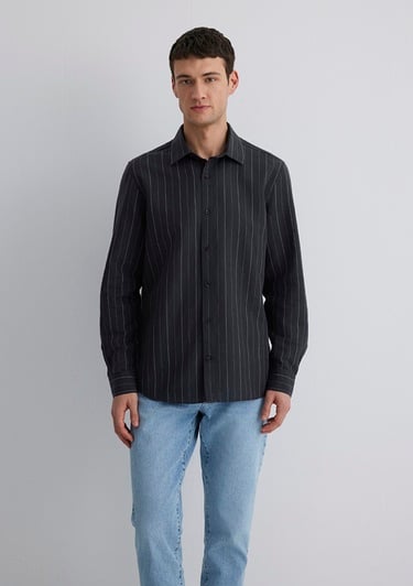  Mavi Keten Karışımlı Çizgili Siyah Gömlek Regular Fit / Normal Kesim 0211515-89892