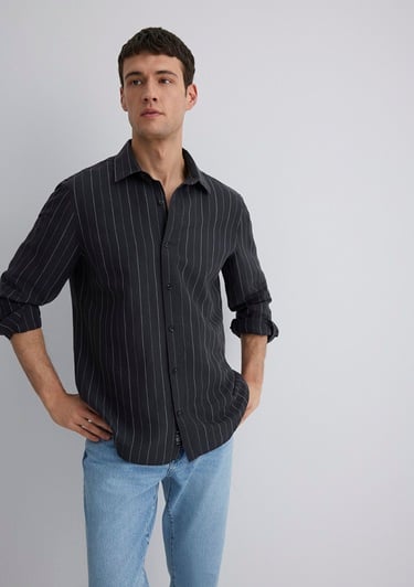  Mavi Keten Karışımlı Çizgili Siyah Gömlek Regular Fit / Normal Kesim 0211515-89892