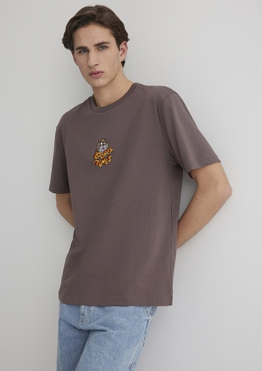  Mavi Tazmanya Canavarı Baskılı Kahverengi Tişört Loose Fit / Bol Rahat Kesim 0612657-70423