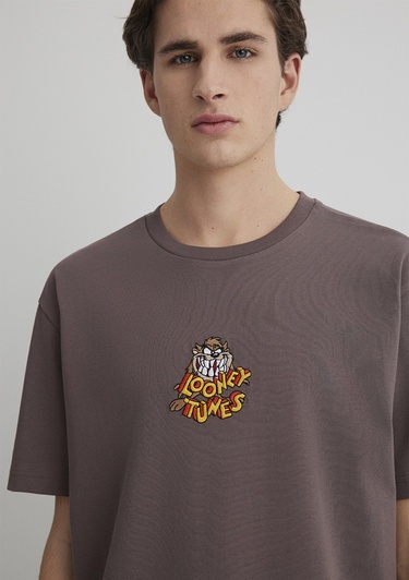  Mavi Tazmanya Canavarı Baskılı Kahverengi Tişört Loose Fit / Bol Rahat Kesim 0612657-70423