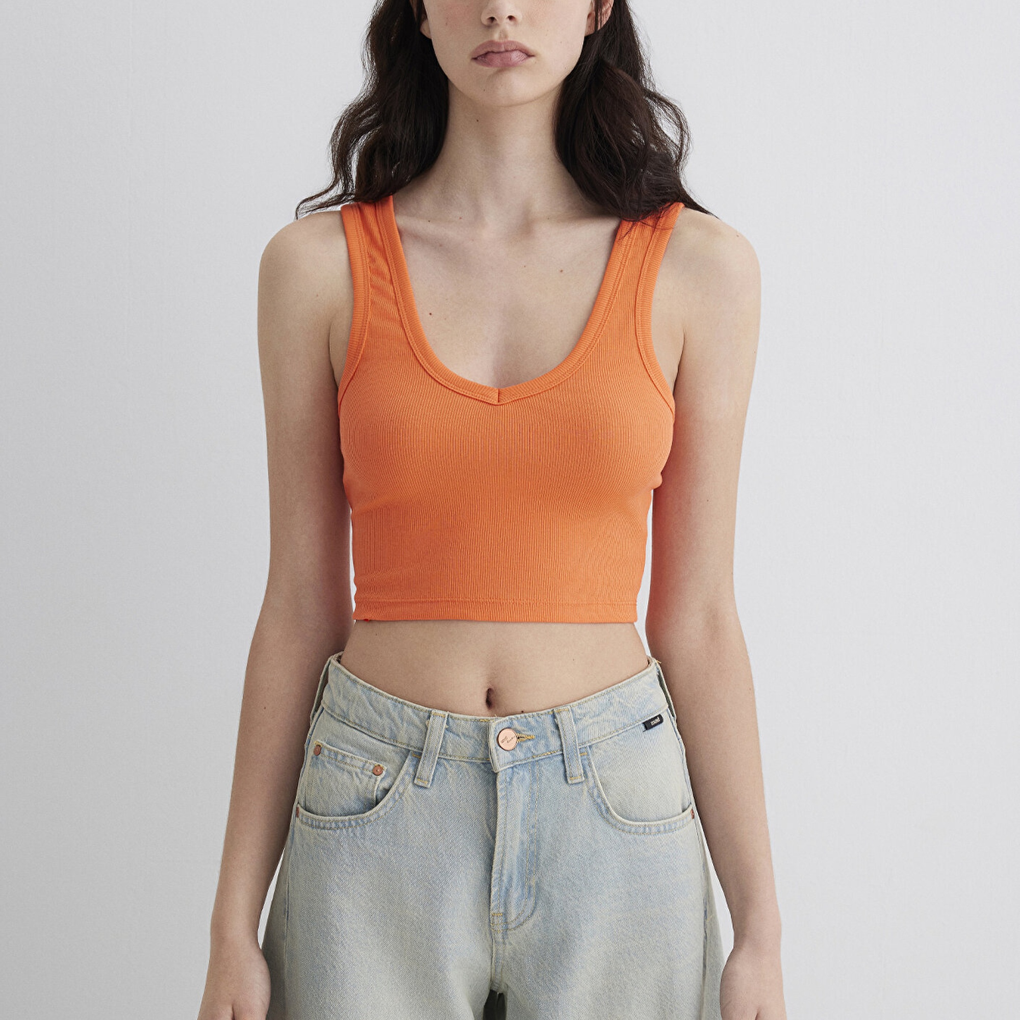 Mavi V Yaka Turuncu Basic Crop Atlet Crop / Kısa Kesim 1612375-71272