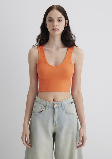  Mavi V Yaka Turuncu Basic Crop Atlet Crop / Kısa Kesim 1612375-71272