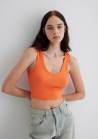  Mavi V Yaka Turuncu Basic Crop Atlet Crop / Kısa Kesim 1612375-71272