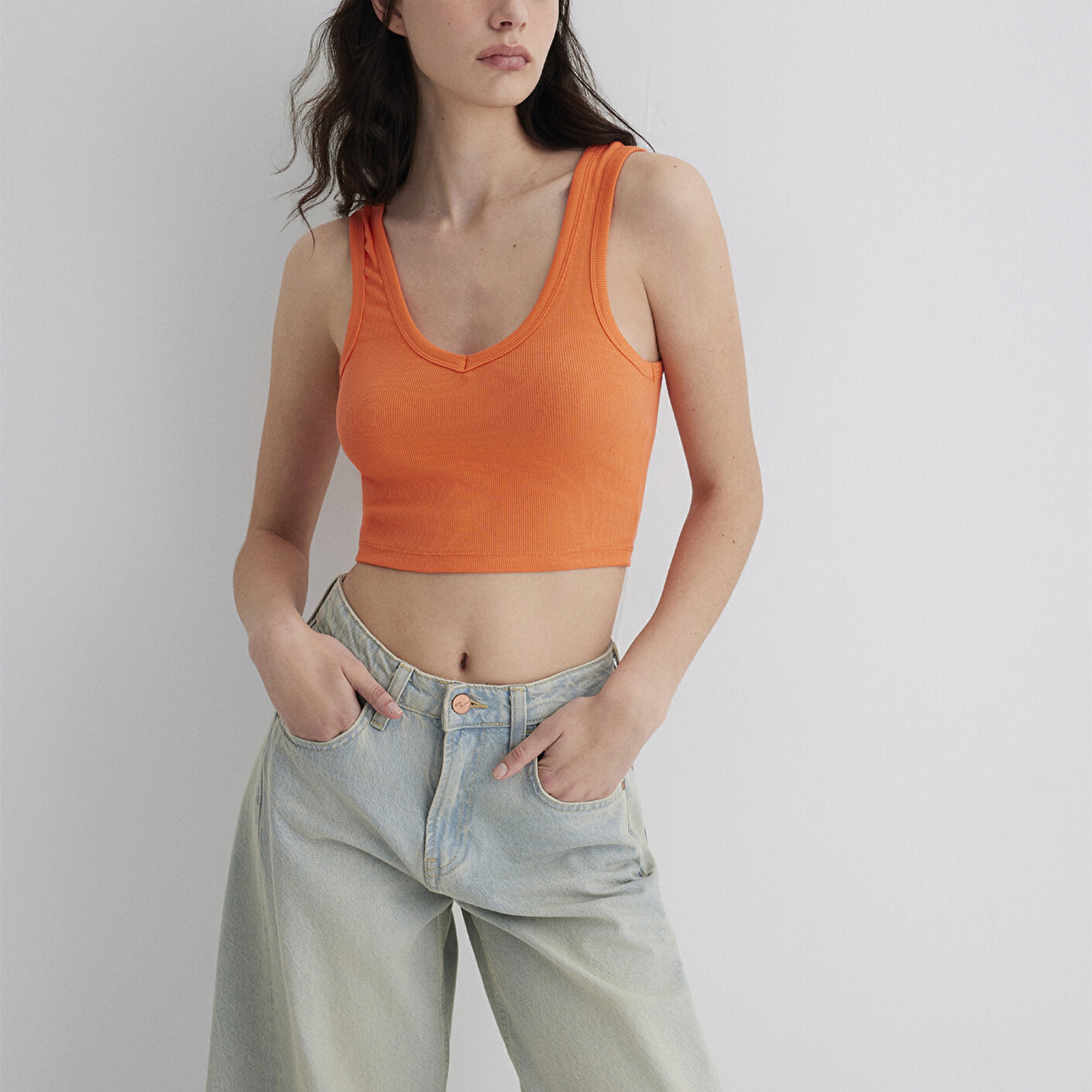 Mavi V Yaka Turuncu Basic Crop Atlet Crop / Kısa Kesim 1612375-71272