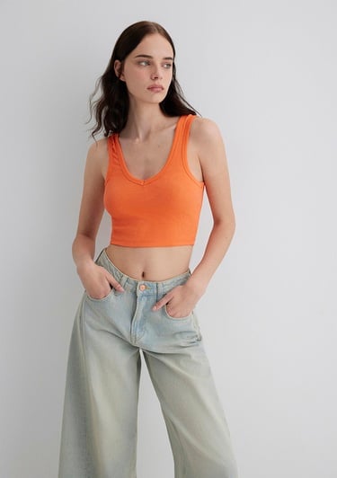  Mavi V Yaka Turuncu Basic Crop Atlet Crop / Kısa Kesim 1612375-71272