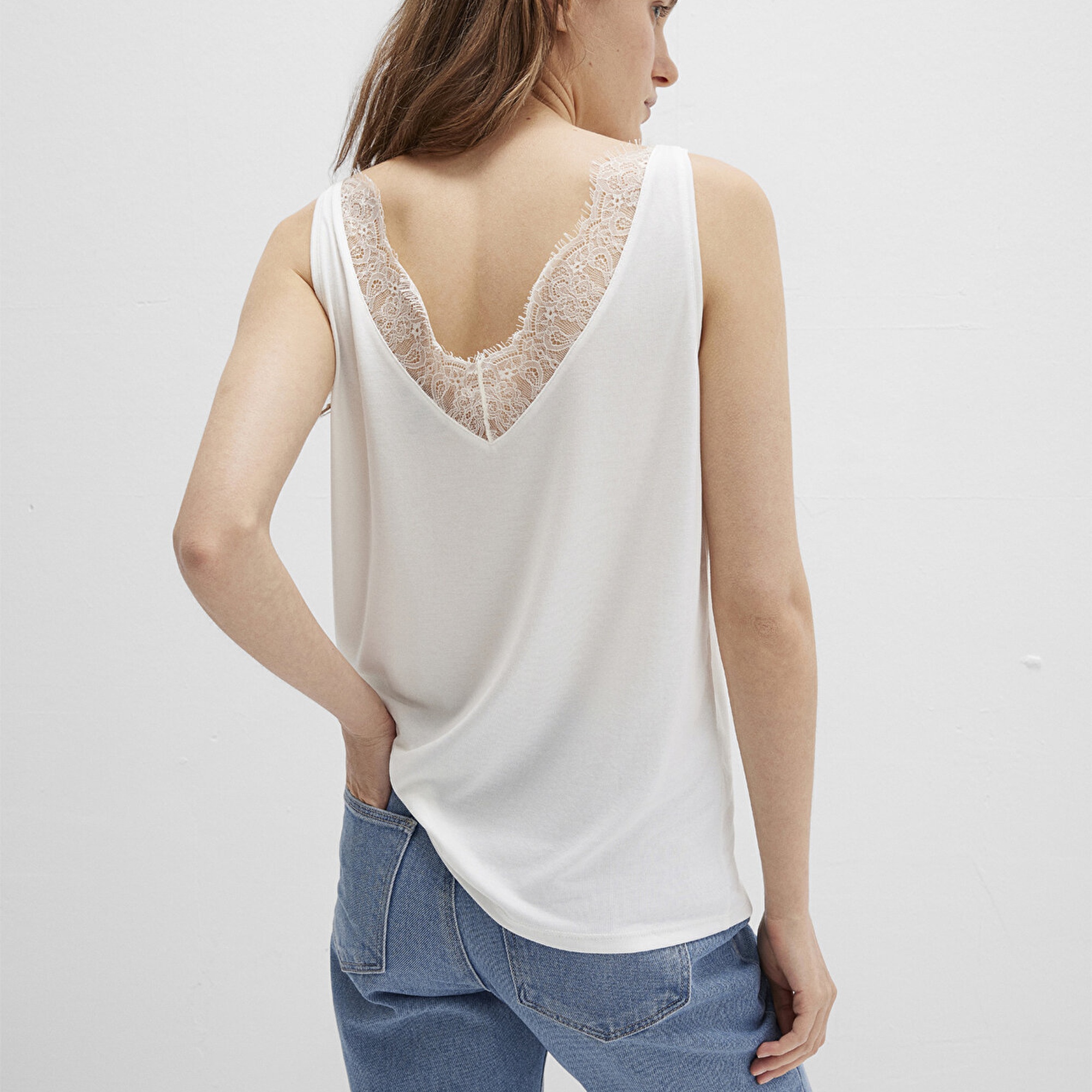 Mavi Dantel Detaylı Tencel TM Beyaz Modal Atlet Slim Fit / Dar Kesim 1613215-70057