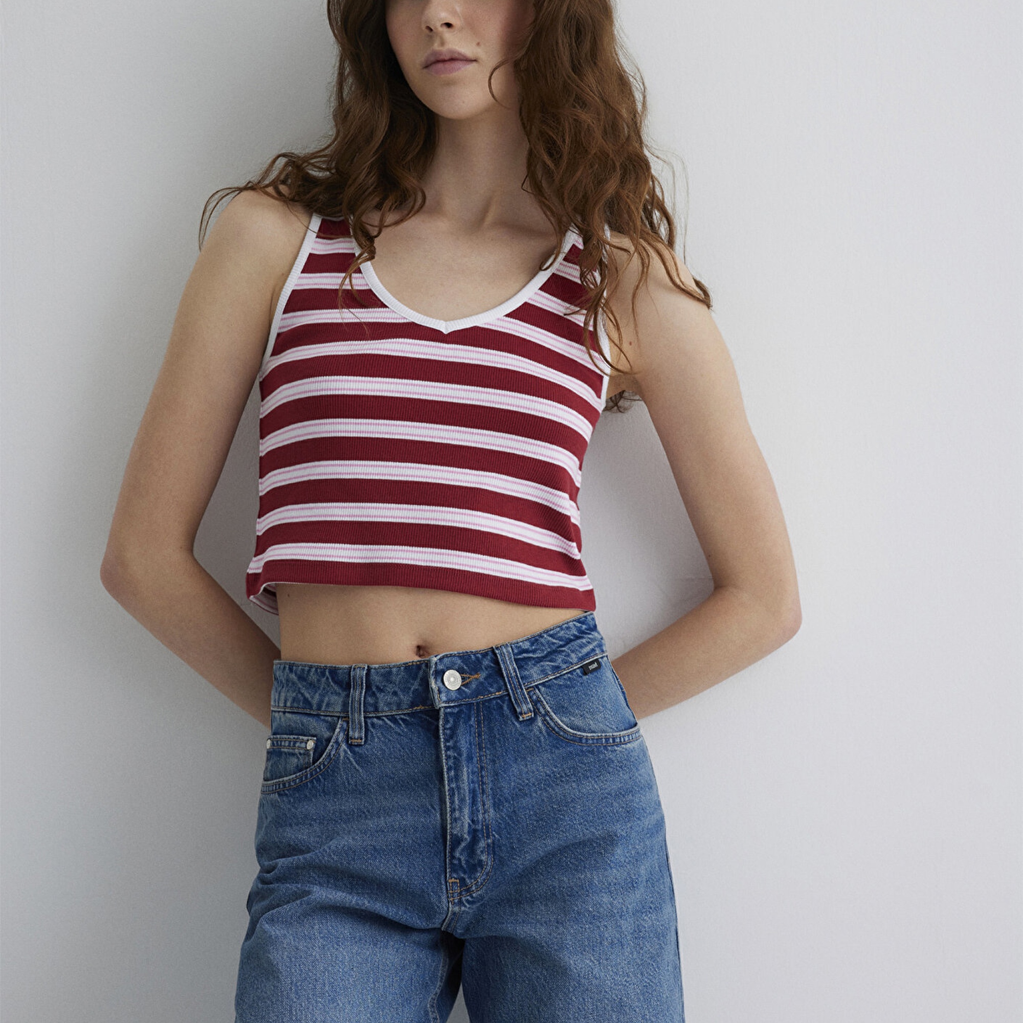 Mavi Bordo Çizgili Crop Atlet Crop / Kısa Kesim 1613086-89810