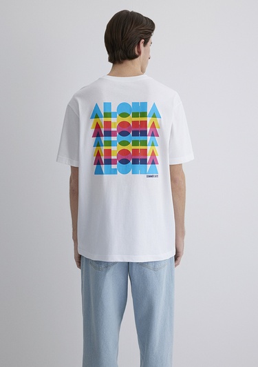  Mavi Aloha Baskılı Beyaz Tişört Loose Fit / Bol Rahat Kesim 0612612-620