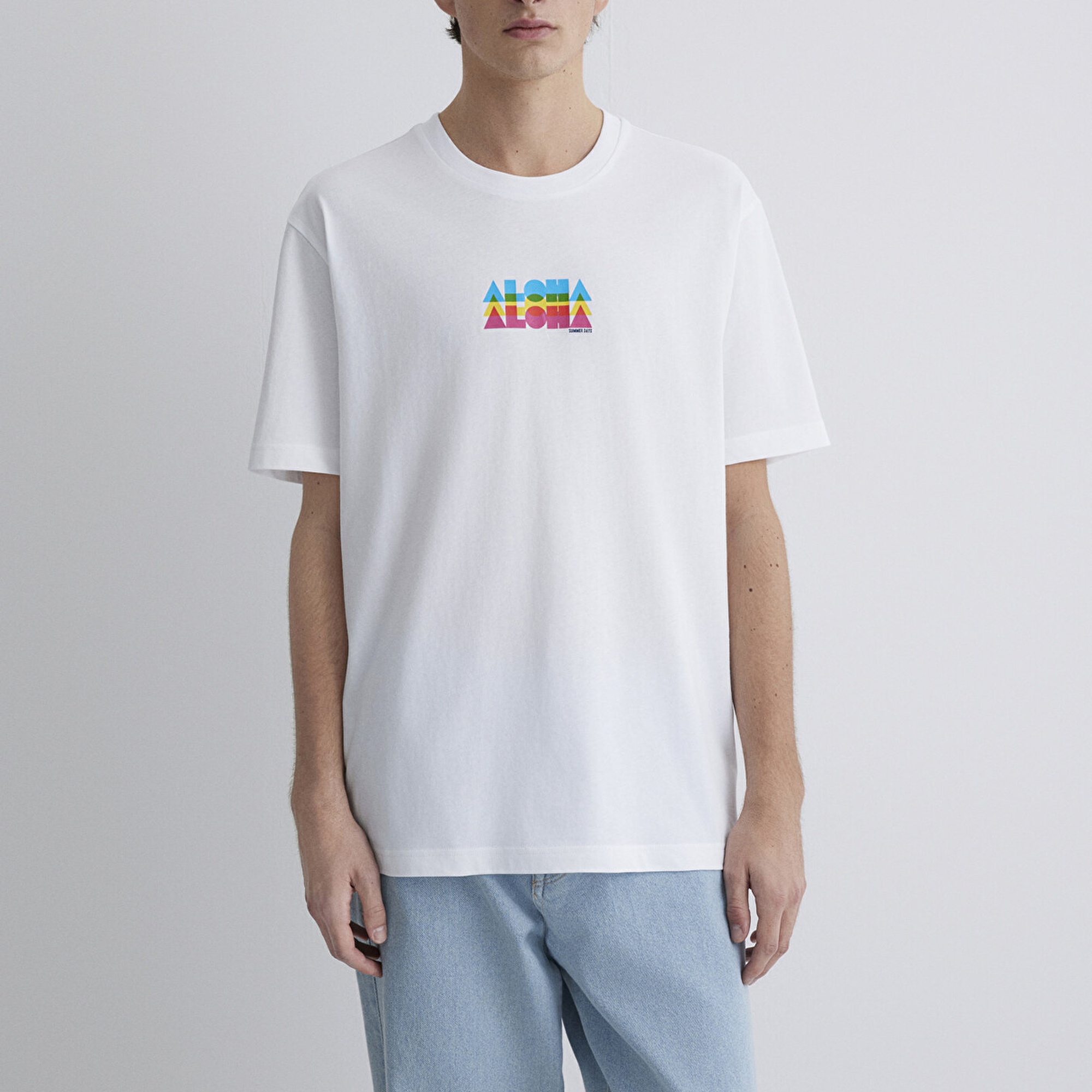 Mavi Aloha Baskılı Beyaz Tişört Loose Fit / Bol Rahat Kesim 0612612-620