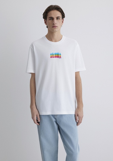  Mavi Aloha Baskılı Beyaz Tişört Loose Fit / Bol Rahat Kesim 0612612-620