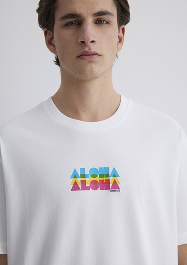  Mavi Aloha Baskılı Beyaz Tişört Loose Fit / Bol Rahat Kesim 0612612-620