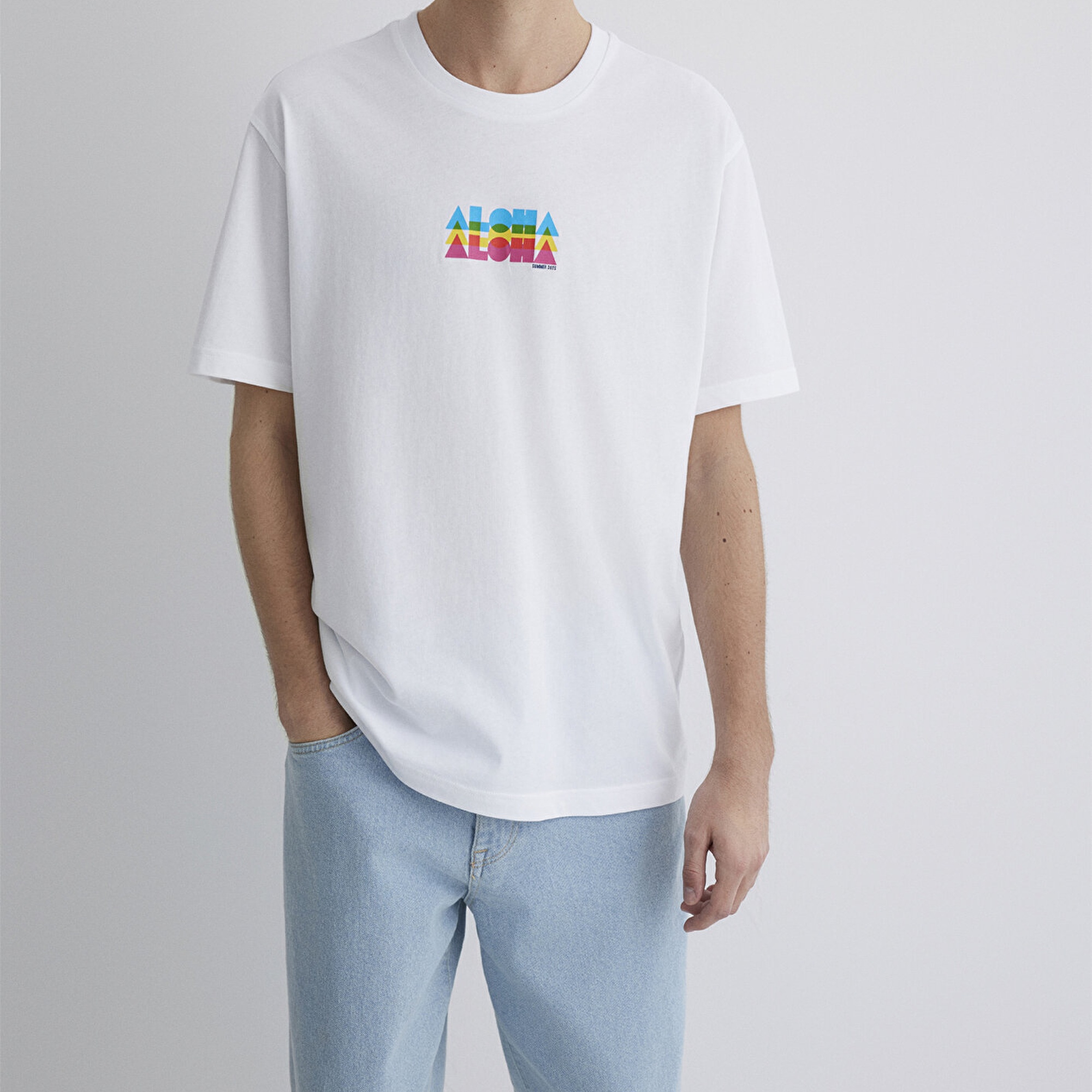 Mavi Aloha Baskılı Beyaz Tişört Loose Fit / Bol Rahat Kesim 0612612-620