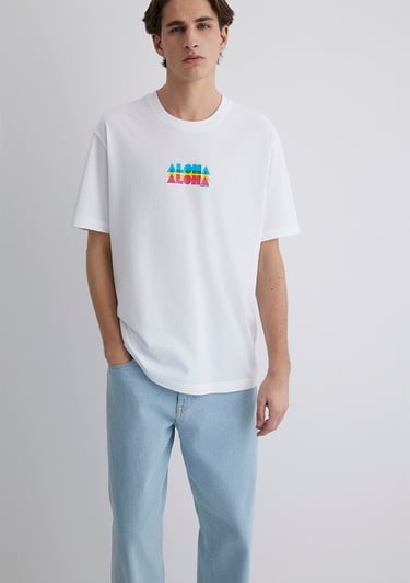  Mavi Aloha Baskılı Beyaz Tişört Loose Fit / Bol Rahat Kesim 0612612-620