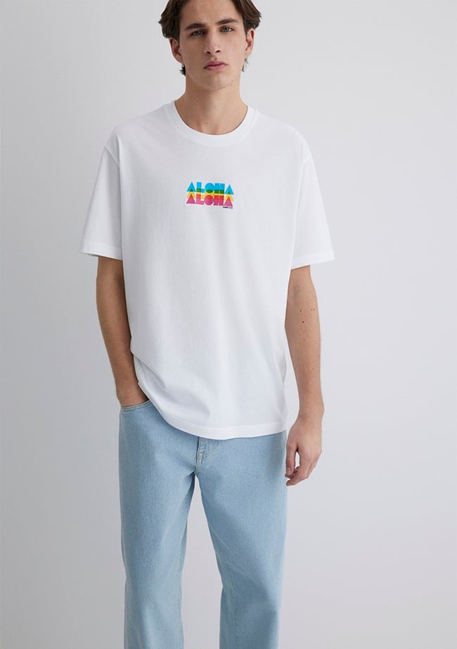  Mavi Aloha Baskılı Beyaz Tişört Loose Fit / Bol Rahat Kesim 0612612-620