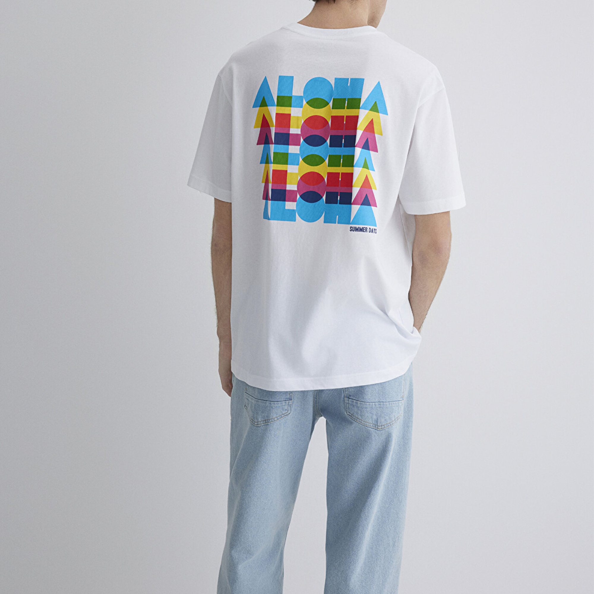 Mavi Aloha Baskılı Beyaz Tişört Loose Fit / Bol Rahat Kesim 0612612-620