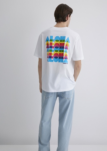  Mavi Aloha Baskılı Beyaz Tişört Loose Fit / Bol Rahat Kesim 0612612-620