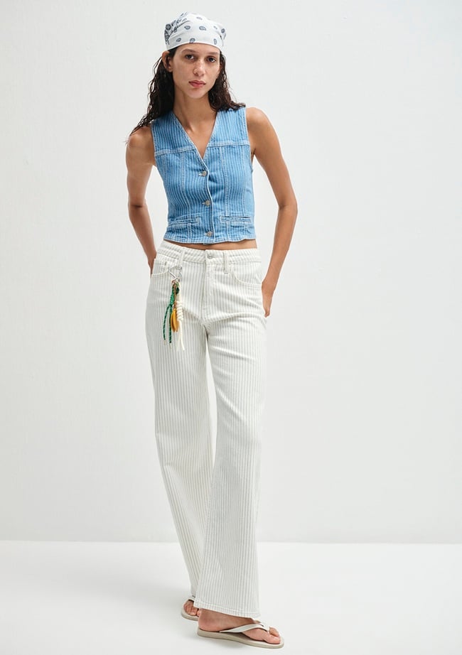  Mavi Malibu Akdeniz Çizgili Kırık Beyaz Jean Pantolon 1010152-89688