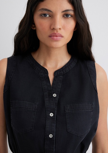  Mavi Suzy Gold Klasik Puslu Siyah Jean Elbise 130317-89755