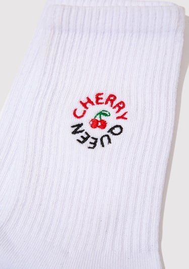  Mavi Vişne Nakışlı Beyaz Soket Çorap 1913260-620