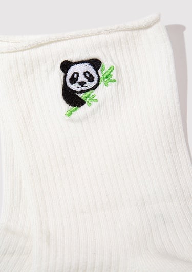  Mavi Panda İşlemeli Ekru Soket Çorap 1913248-70048