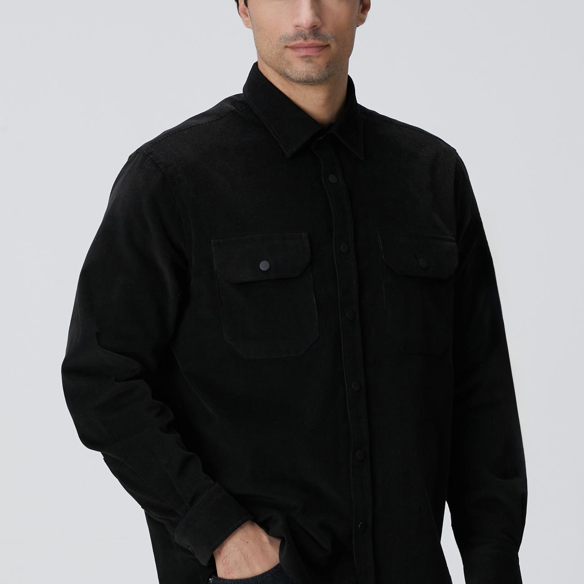 Network Erkek Siyah Çift Cepli Fitilli Kadife Gömlek
