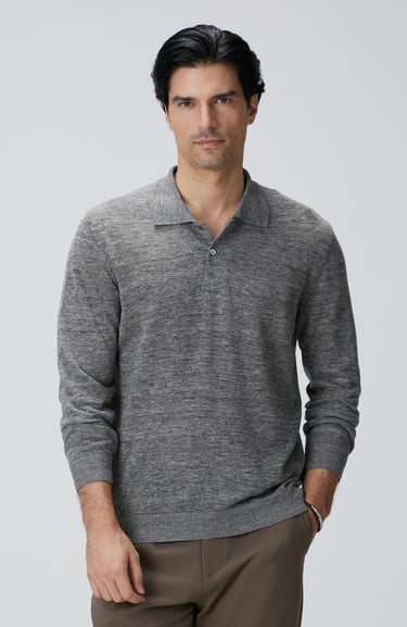  Network Erkek Gri Melanj Polo Yaka Keten Karışımlı Triko Kazak