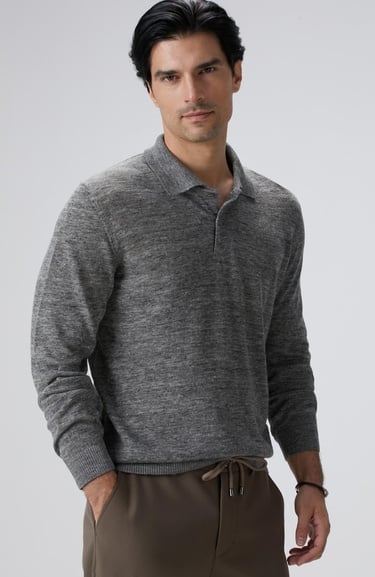 Network Erkek Gri Melanj Polo Yaka Keten Karışımlı Triko Kazak