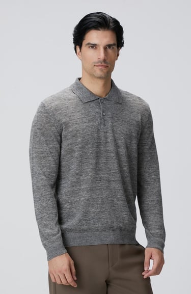 Network Erkek Gri Melanj Polo Yaka Keten Karışımlı Triko Kazak