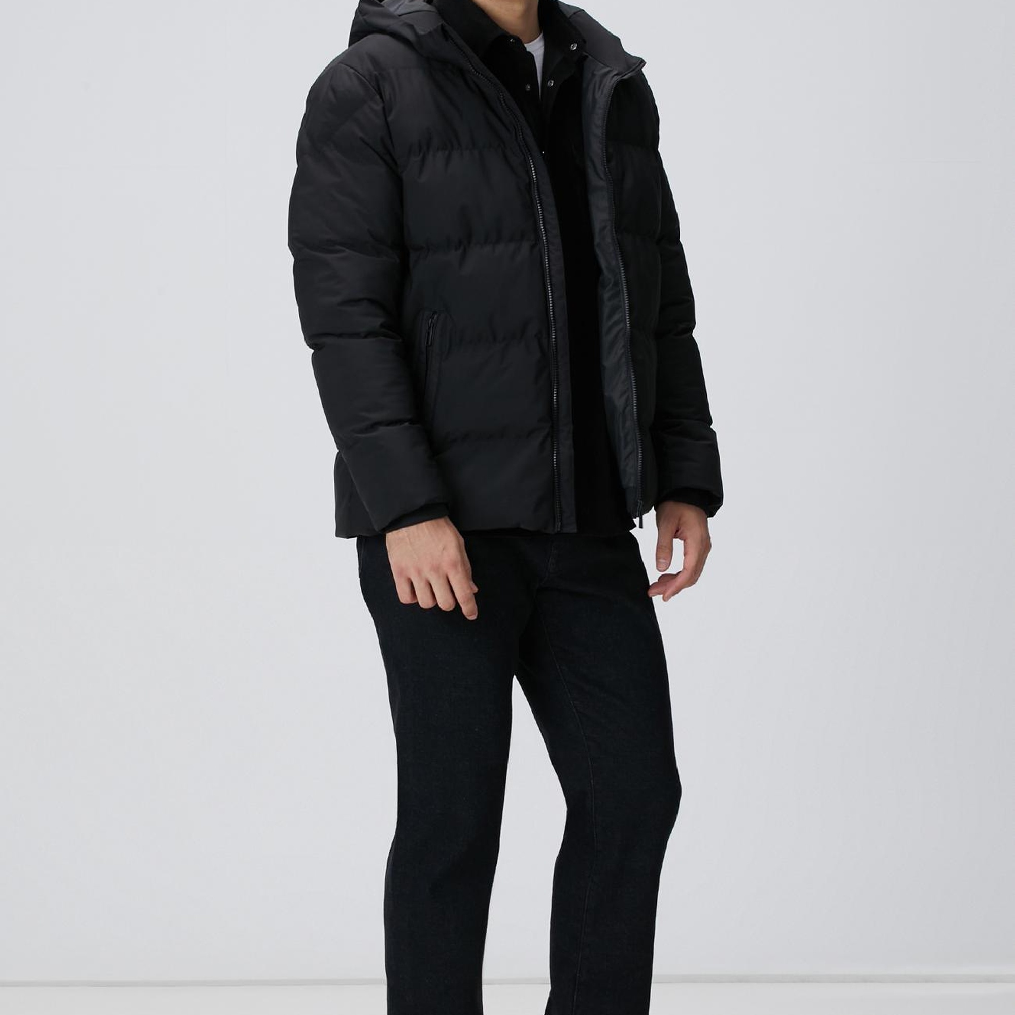 Network Erkek Siyah Kapüşonlu Puffer Mont