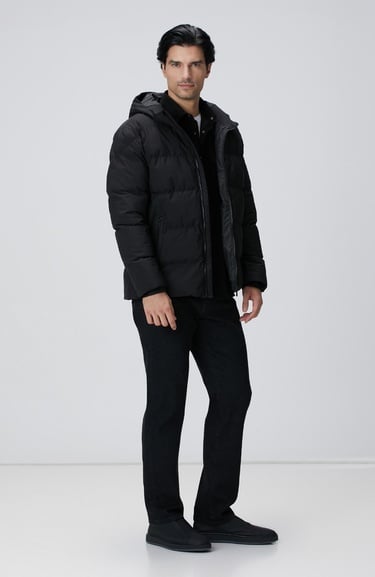  Network Erkek Siyah Kapüşonlu Puffer Mont