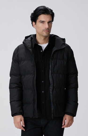  Network Erkek Siyah Kapüşonlu Puffer Mont