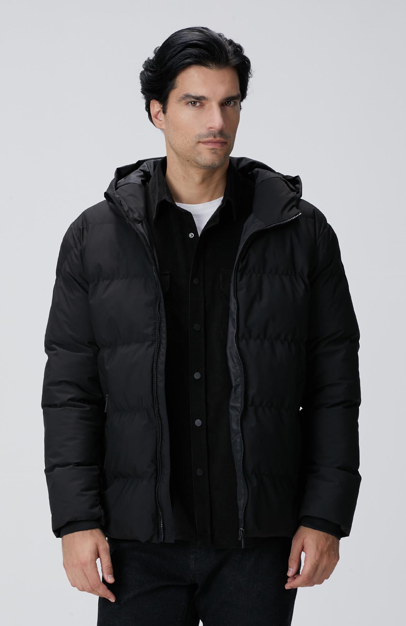  Network Erkek Siyah Kapüşonlu Puffer Mont