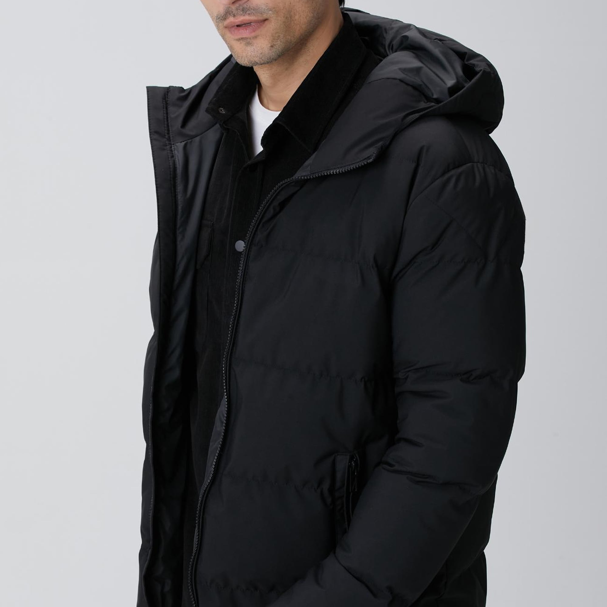 Network Erkek Siyah Kapüşonlu Puffer Mont