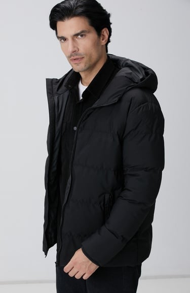  Network Erkek Siyah Kapüşonlu Puffer Mont