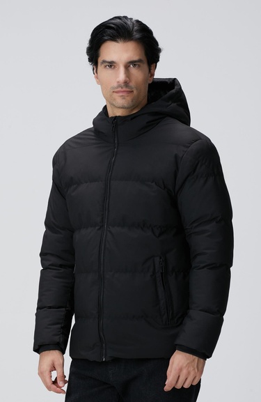  Network Erkek Siyah Kapüşonlu Puffer Mont