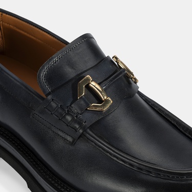  Erkek Lacivert Metal Toka Detaylı Deri Loafer