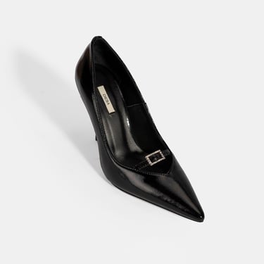  Kadın Siyah Taşlı Toka Detaylı Rugan Topuklu Abiye Ayakkabı