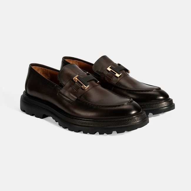  Erkek Kahve Metal Toka Detaylı Deri Loafer