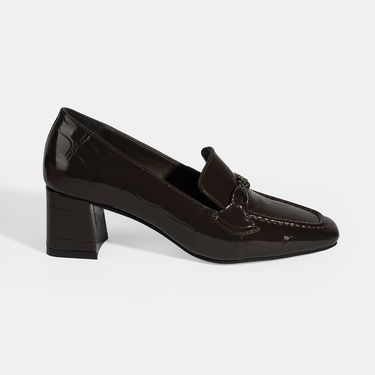  Kadın Kahve Kroko Baskılı Topuklu Rugan Loafer