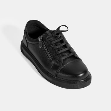  Kadın Siyah Bağcıklı Fermuar Detaylı Deri Günlük Ayakkabı